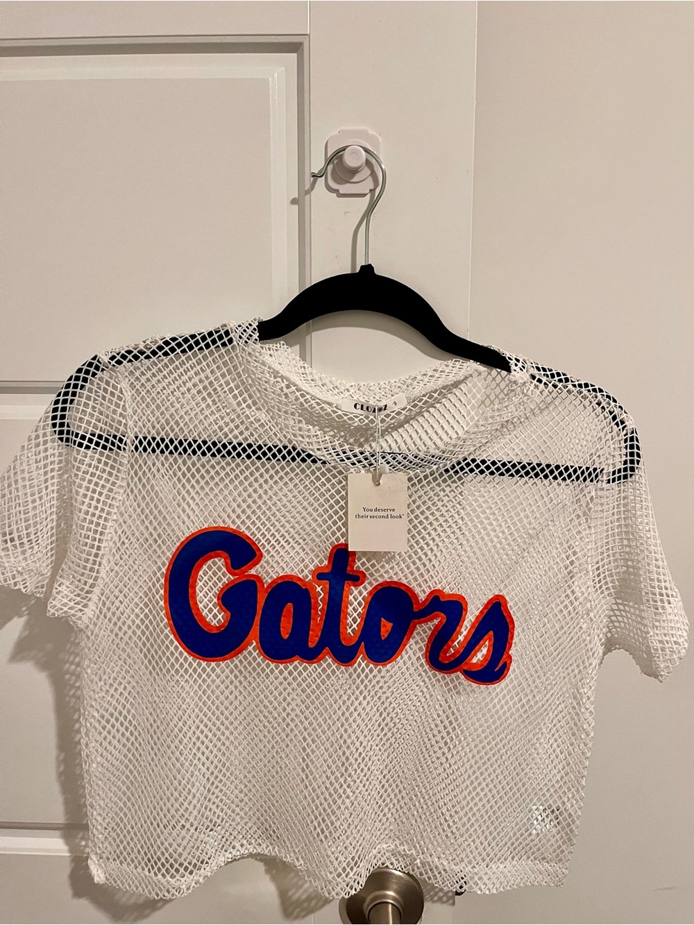 University of Florida Gators Mesh Crop Top in White with Blue & Orange Logo